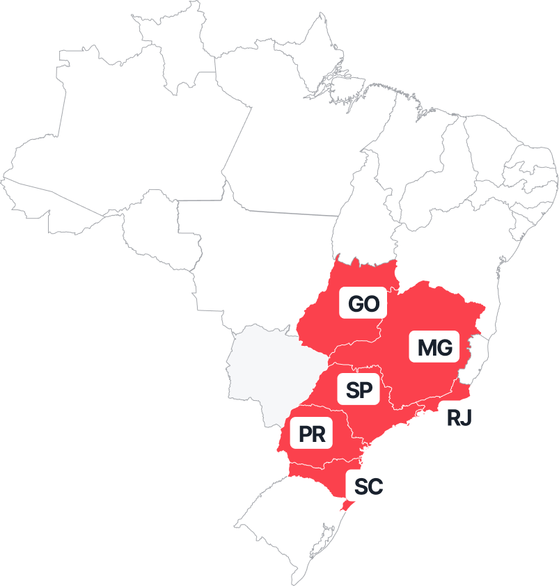 Mapa do Brasil com estados de atuação da MySide destacados